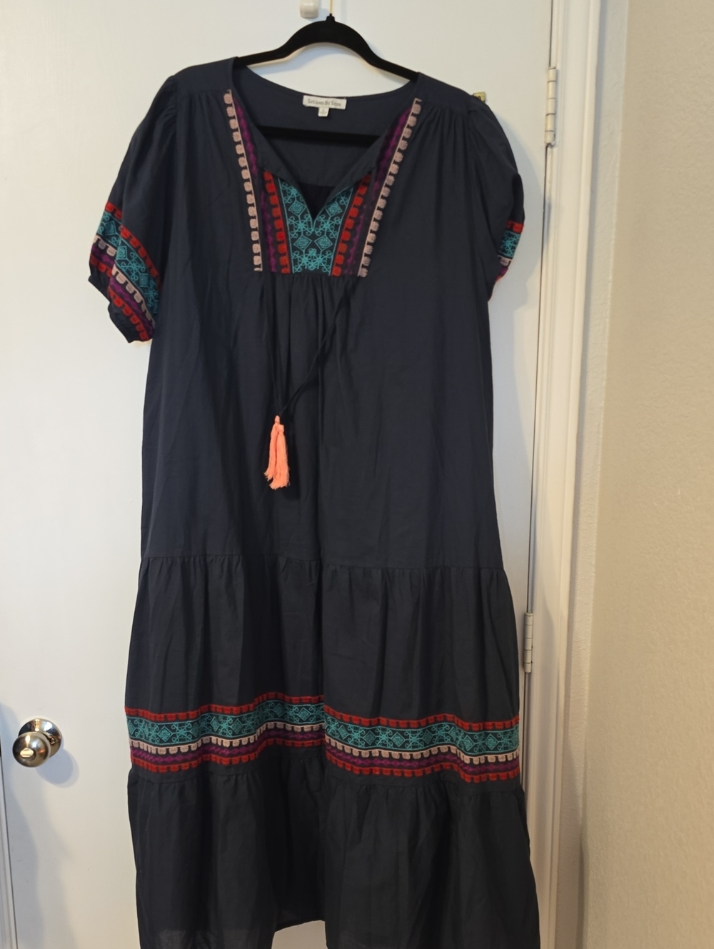 Embroidered Navy Midi Dress with Tassel Tie